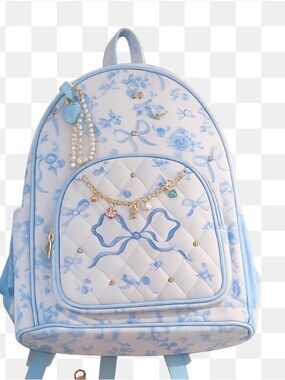 CoquetteBlue & White Floral Bow Quilted Backpack